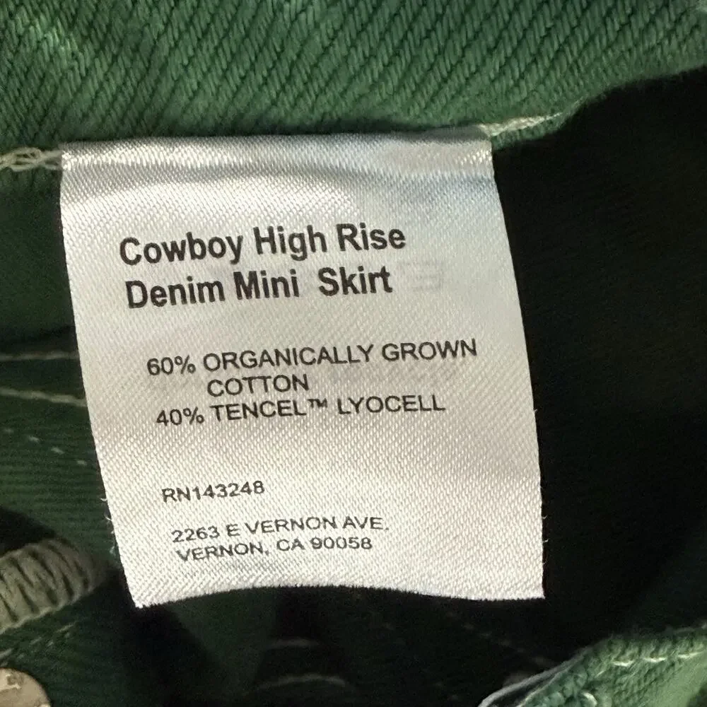 Reformation Cowboy High Rise Denim Mini Skirt Green‎ Size 25 Button Fly